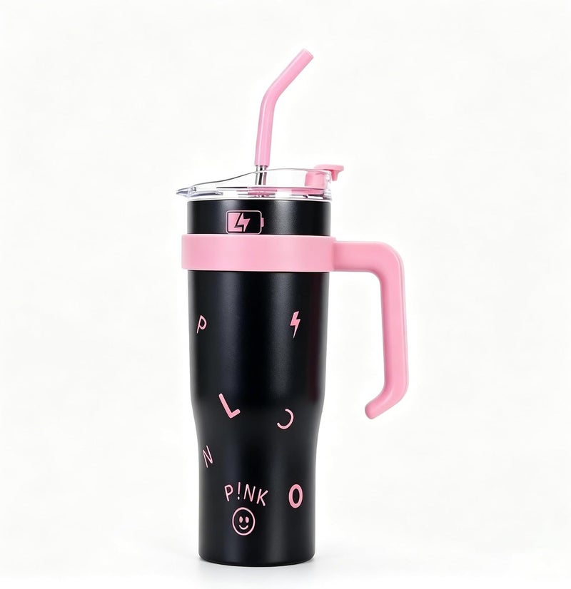 AoMige 40oz Printed Stainless Steel Tumbler with Handle & Straw Lid, Double Wall Vacuum Insulated Travel Mug, Cupholder Friendly Reusable Water Cup for Hot Cold Drinks, Gift for Men Women (black) - Image 1