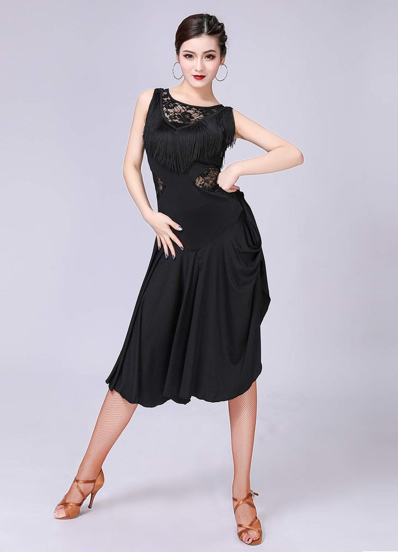 ZX Z&X Ballroom Dance Dresses for Women Fringed Lace Back Salsa Latin Dance Dress with Shorts (5 Colors), Black Tag M - Image 4