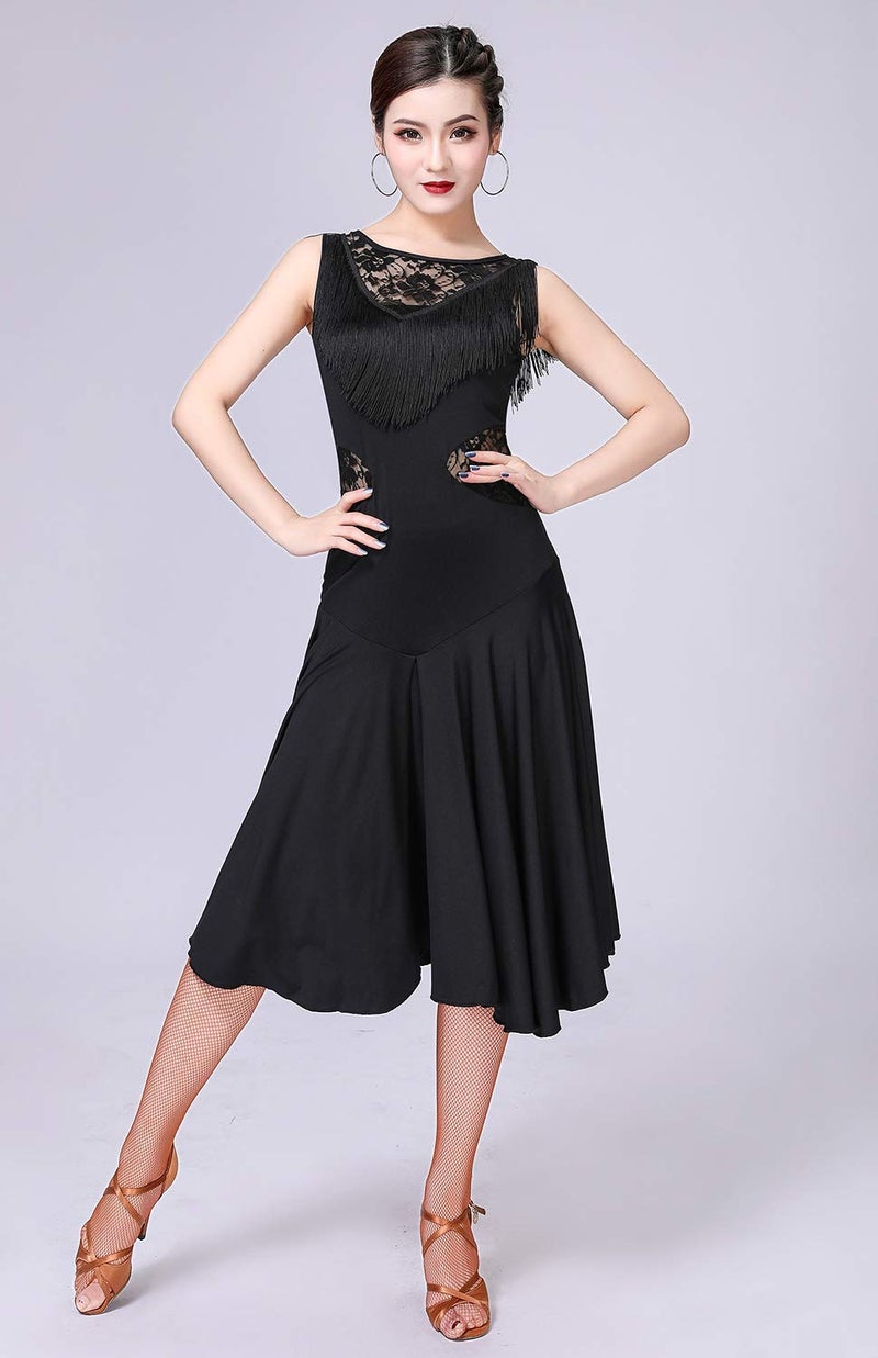 ZX Z&X Ballroom Dance Dresses for Women Fringed Lace Back Salsa Latin Dance Dress with Shorts (5 Colors), Black Tag M - Image 2
