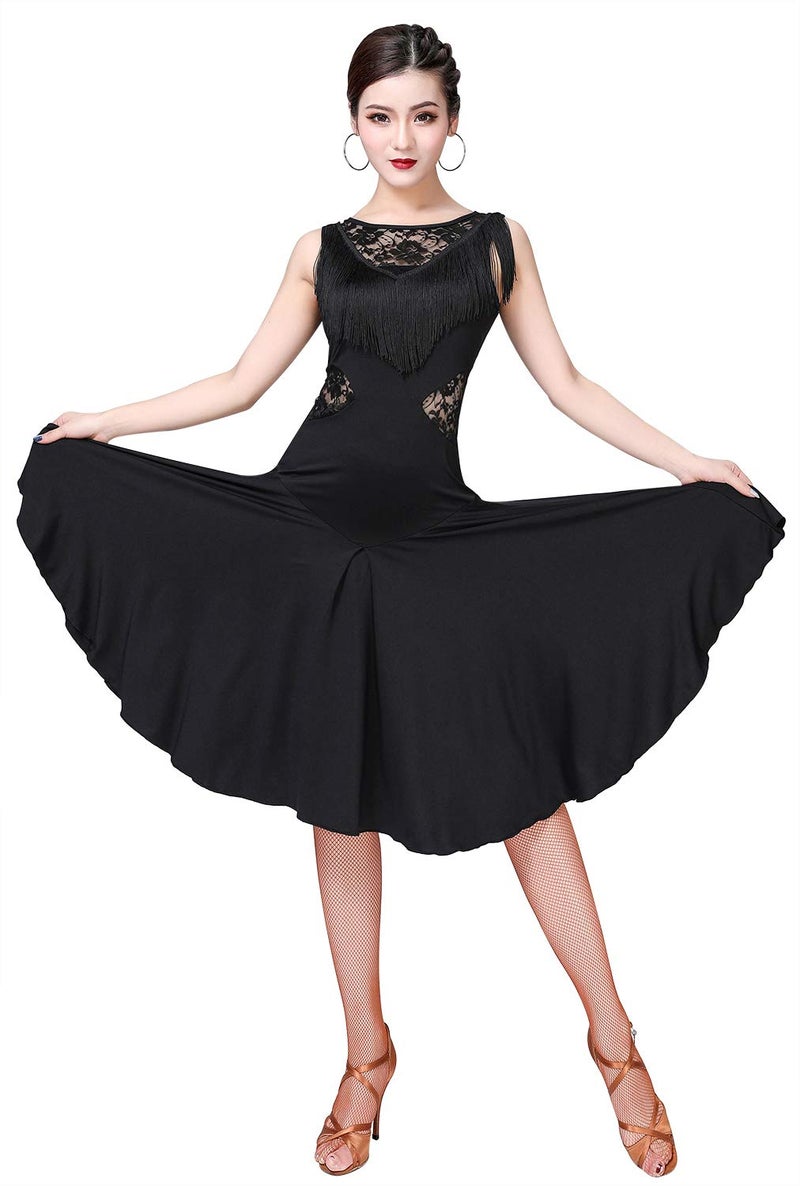 ZX Z&X Ballroom Dance Dresses for Women Fringed Lace Back Salsa Latin Dance Dress with Shorts (5 Colors), Black Tag M - Image 1