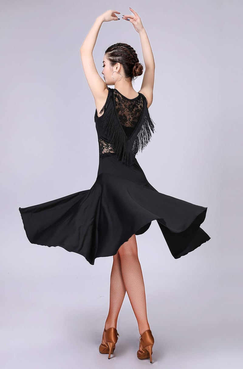 ZX Z&X Ballroom Dance Dresses for Women Fringed Lace Back Salsa Latin Dance Dress with Shorts (5 Colors), Black Tag M - Image 3