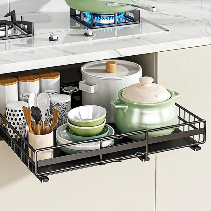 SALADAYS Expandable Pull-Out Cabinet Organizer | Adjustable Width, No-Drill & Drill Mounting | Iron Kitchen Storage Rack with Silent Sliding Rails - Image 1