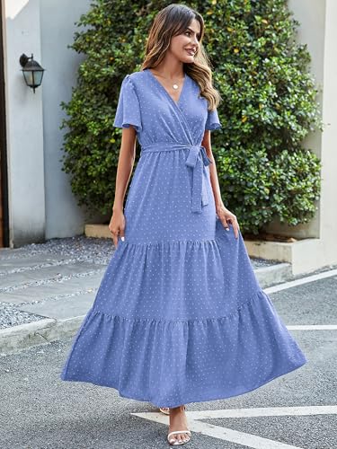 MASCOMODA Women Boho Swiss Dot Maxi Dresses Wrap V Neck Flutter Short Sleeve Solid Tie Waist A Line Tiered Flowy Long Dress(Light Blue,Small) - Image 4