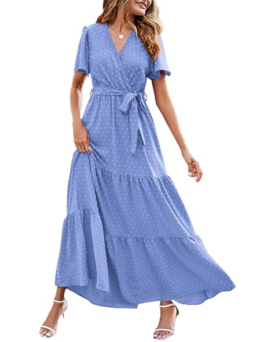 MASCOMODA Women Boho Swiss Dot Maxi Dresses Wrap V Neck Flutter Short Sleeve Solid Tie Waist A Line Tiered Flowy Long Dress(Light Blue,Small) - Image 1