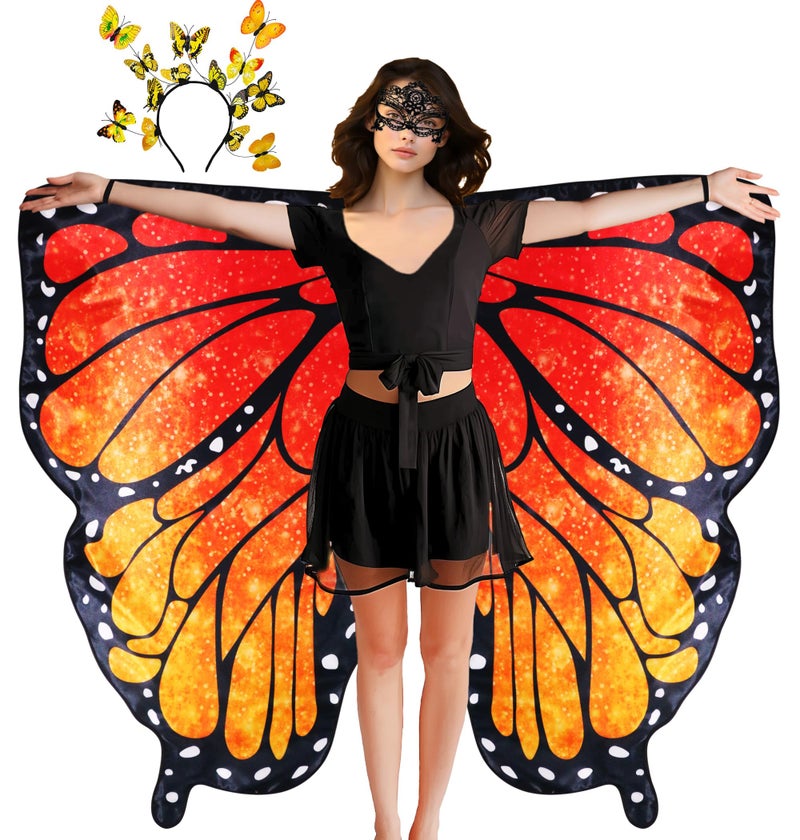 D.Q.Z Double Sided Women Butterfly Wings Costumes for Adults Fairy Festival Dress Up with Headband Halloween Party (Flame Orange) - Image 1