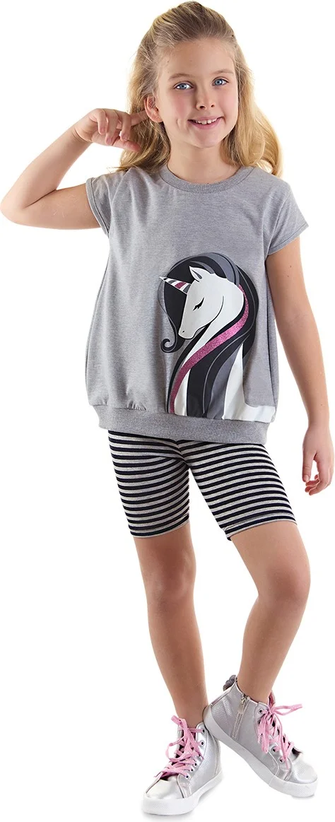 Denokids Elegant Unicorn Girl Gray Black Tunic Leggings Set