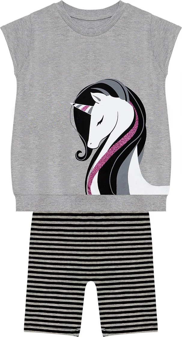 Denokids Elegant Unicorn Girl Gray Black Tunic Leggings Set
