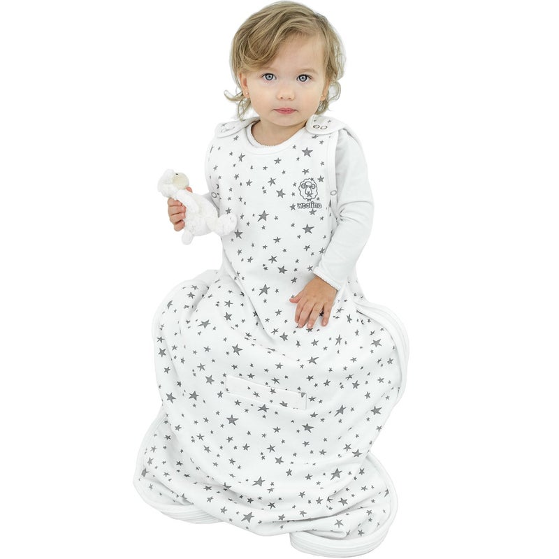 Woolino Woolino 4 Season Ultimate Baby Sleeping Bag Merino Wool and Organic Cotton Universal Size Adjustable Sleep Sack for Baby TwoWay Zipper Sleeping Bag 224 Months Stars White 