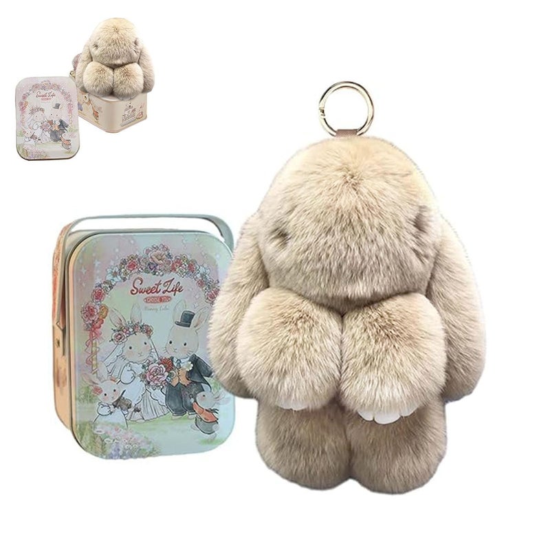 BOVVSKY Bunny Keychain with Box, Bunny Keychain with Tin, BunnyCute Plush Key chain (Khaki) - Image 1