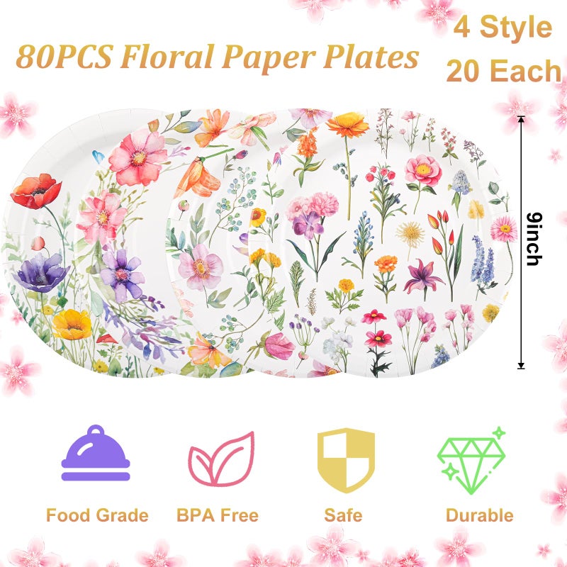 Purhapfre 80Pcs Wildflower Paper Plates Disposable Wild Floral Party Plates 9 Inch Spring Dinner Plates Decoration for Spring Summer Birthday Baby Shower Picnic Wedding Tea Party Supplies  - Image 2