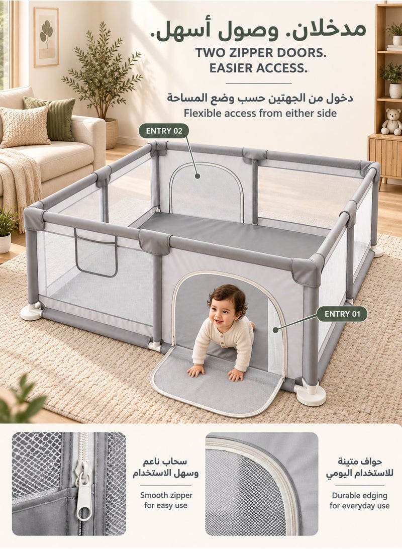 واميت 180 سم × 120 سم حاجز اطفال محبس اطفال سياج اطفال محبس اطفال للعب - حواجز حماية كبيرة للأطفال والرضع، مع أبواب مزدوجة بسحاب وحقيبة تخزين، شبكة قابلة للتنفس وآمنة، منطقة لعب داخلية وخارجية متينة، رمادي - Image 4