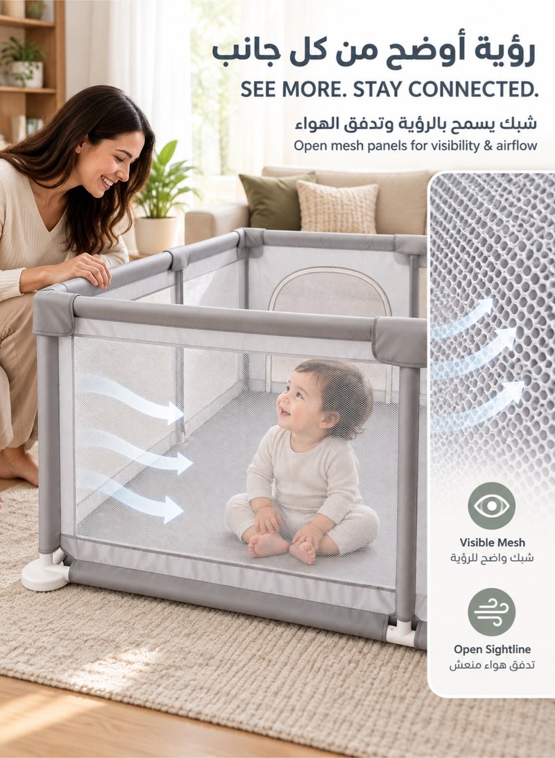 واميت 180 سم × 120 سم حاجز اطفال محبس اطفال سياج اطفال محبس اطفال للعب - حواجز حماية كبيرة للأطفال والرضع، مع أبواب مزدوجة بسحاب وحقيبة تخزين، شبكة قابلة للتنفس وآمنة، منطقة لعب داخلية وخارجية متينة، رمادي - Image 3