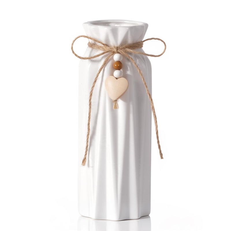 Elegant 8 Inch Ceramic Vase with Geometric Pattern Decorative Vase with Jute Rope Heart Charm for Home Dcor Table Centerpieces and Gifts Ideal for Living Room Bedroom and Office
