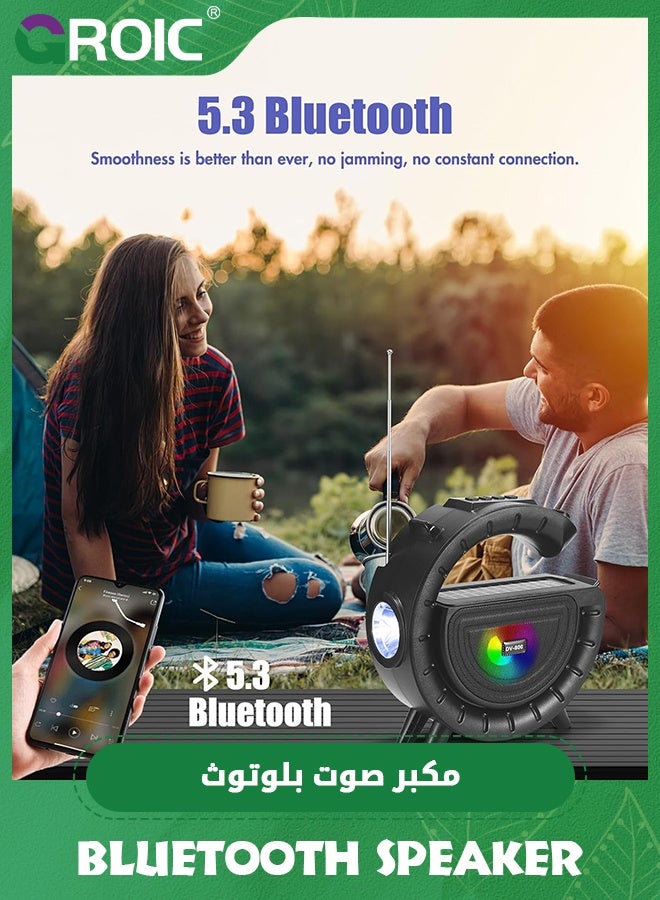 Solar Bluetooth Speaker, G-Shape Portable Radio Speaker Support/FM Radio/TF Card, 1200mAh Battery Powered Wireless Speakers with LED Lights for Outdoor Indoor Party, Camping, Hiking, Cycling