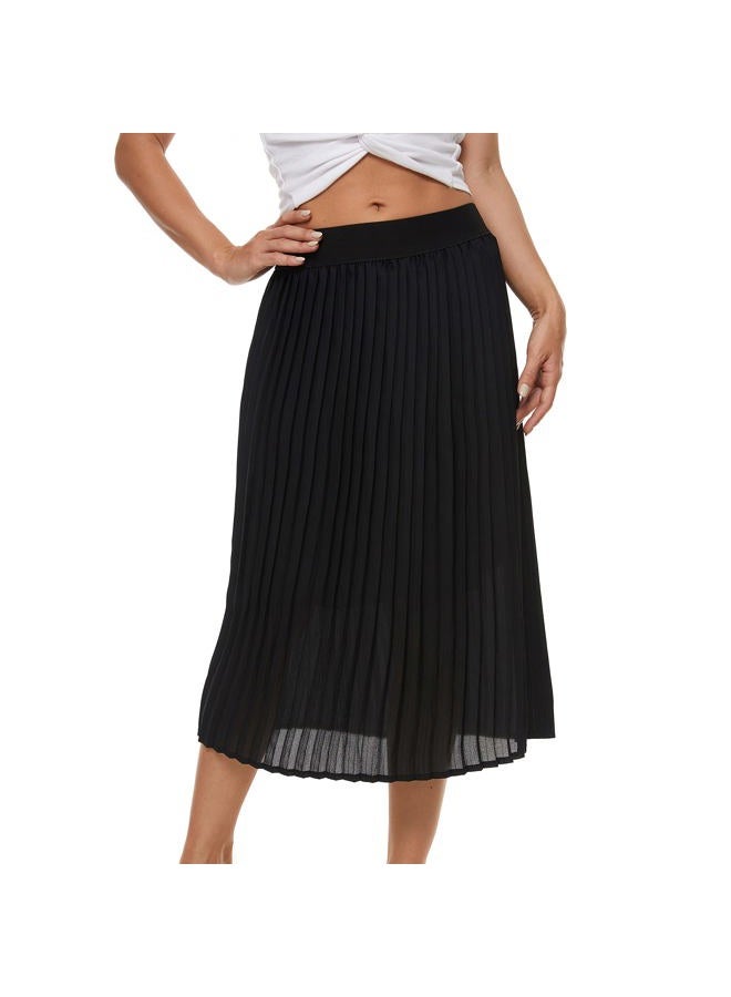 TEERFU Womens Ladies Summer Boho Flared Pleated Skirt A-line Midi Skirts Black, S - Image 3