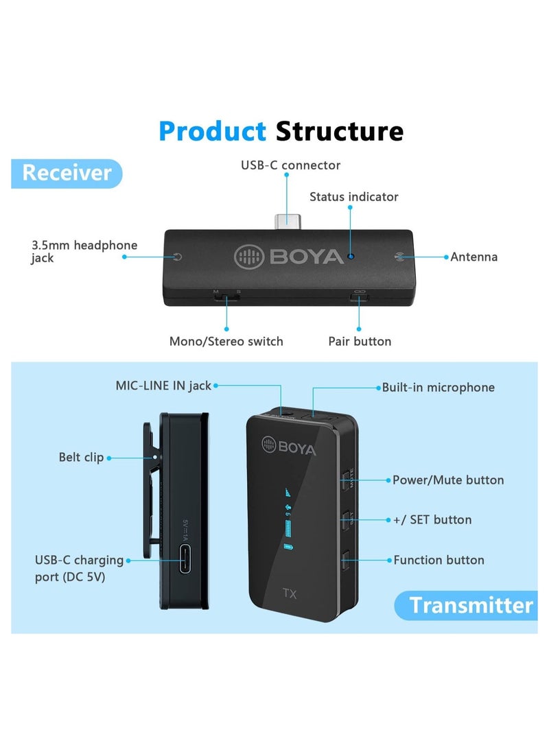 BOYA BY-XM6-S6 USB C Mini Wireless Clip Microphone Portable Transmitter Receiver for Android Type C Smartphone Podcast Facebook YouTube Vlog Video Recording  - Image 4
