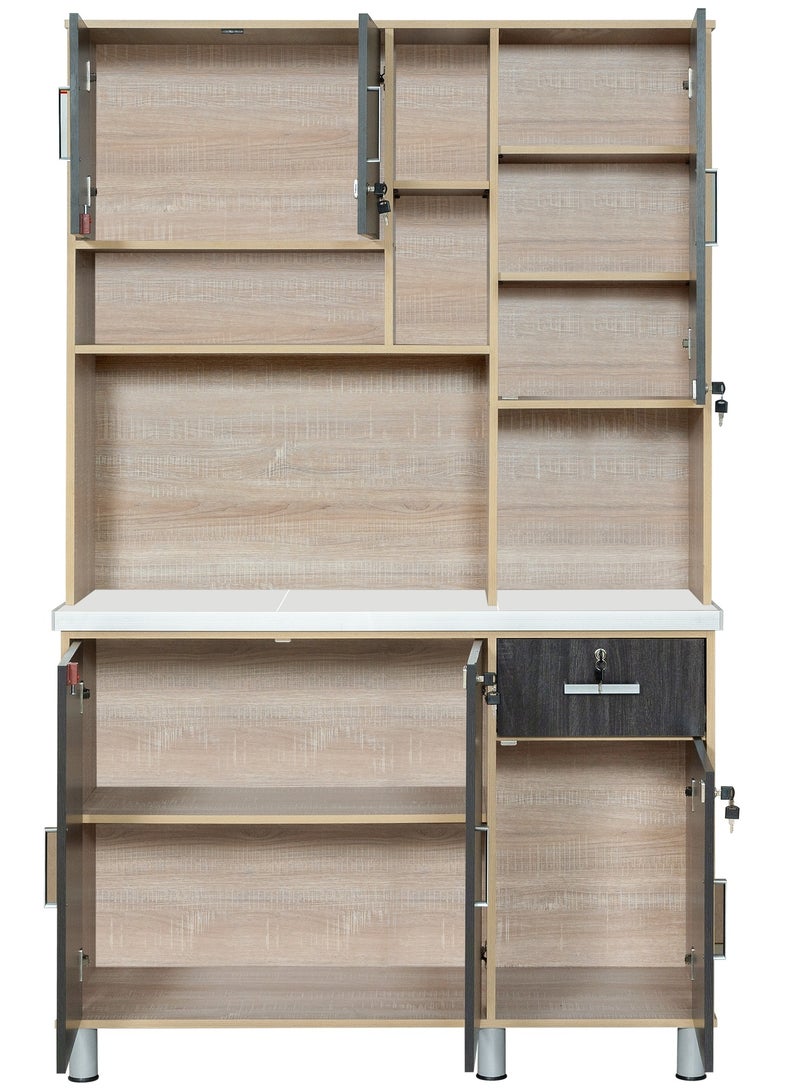 Furniture Factory Modern Storage Cabinet Freestanding Kitchen Pantry Cabinet Microwave Storage Stand with Total of 6-Doors and Drawer Large Storage Space for Kitchen, Dining Room, Living Room. Versatile 3-Door at bottom Kitchen Cabinet with Sturdy Tile Top and drawer Stylish Storage Solution. Soft-Closer Doors (Ebony Wood/Sonom oak) Arfan Lake Series  - Image 4