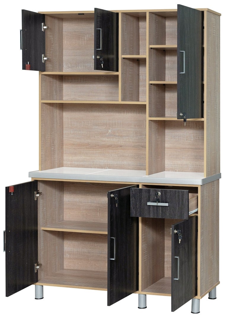 Furniture Factory Modern Storage Cabinet Freestanding Kitchen Pantry Cabinet Microwave Storage Stand with Total of 6-Doors and Drawer Large Storage Space for Kitchen, Dining Room, Living Room. Versatile 3-Door at bottom Kitchen Cabinet with Sturdy Tile Top and drawer Stylish Storage Solution. Soft-Closer Doors (Ebony Wood/Sonom oak) Arfan Lake Series  - Image 5