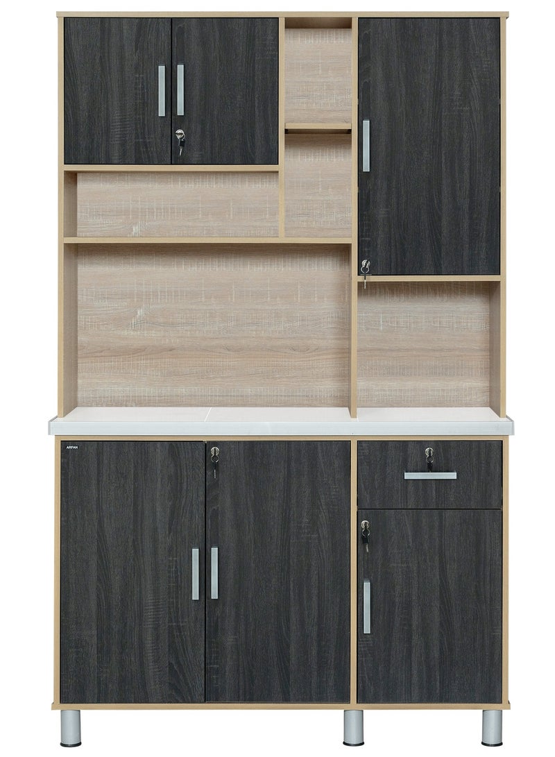 Furniture Factory Modern Storage Cabinet Freestanding Kitchen Pantry Cabinet Microwave Storage Stand with Total of 6-Doors and Drawer Large Storage Space for Kitchen, Dining Room, Living Room. Versatile 3-Door at bottom Kitchen Cabinet with Sturdy Tile Top and drawer Stylish Storage Solution. Soft-Closer Doors (Ebony Wood/Sonom oak) Arfan Lake Series  - Image 3