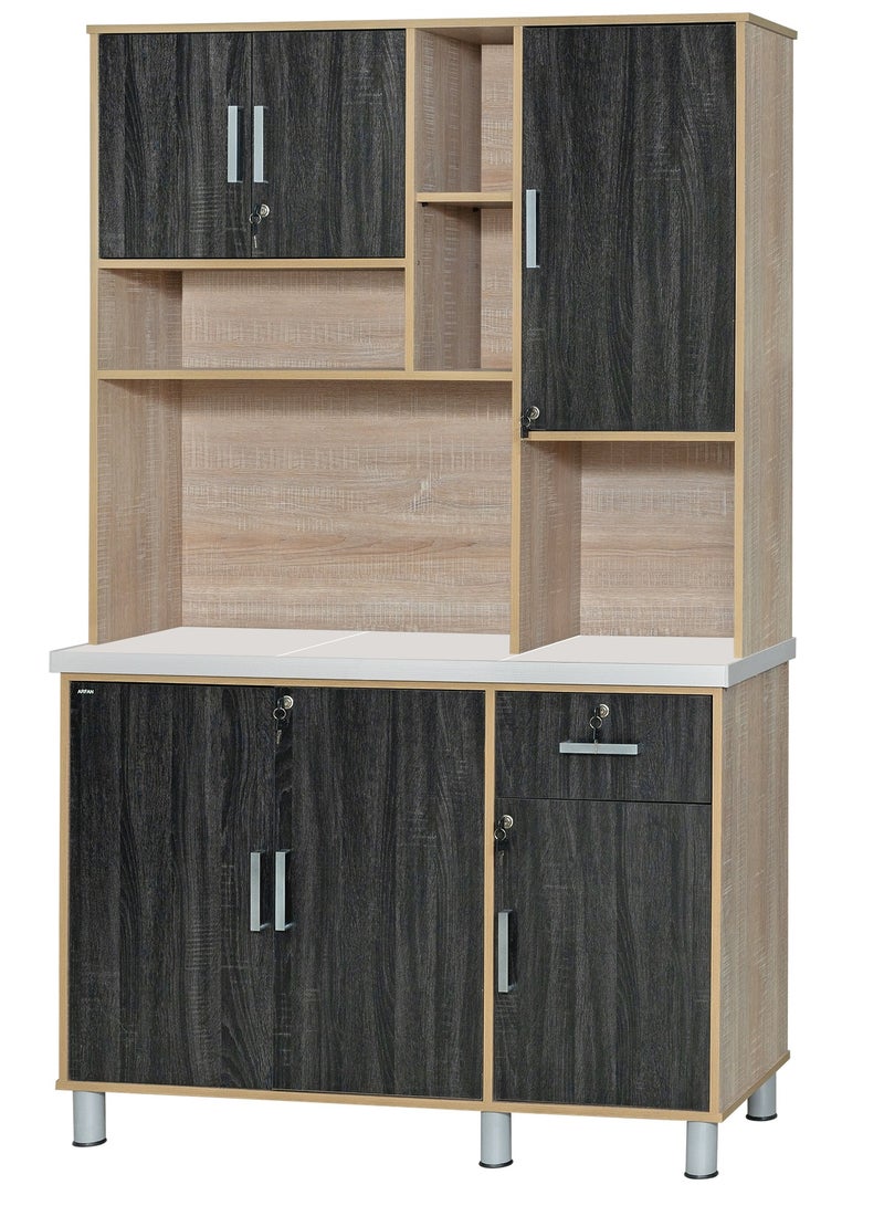 Furniture Factory Modern Storage Cabinet Freestanding Kitchen Pantry Cabinet Microwave Storage Stand with Total of 6-Doors and Drawer Large Storage Space for Kitchen, Dining Room, Living Room. Versatile 3-Door at bottom Kitchen Cabinet with Sturdy Tile Top and drawer Stylish Storage Solution. Soft-Closer Doors (Ebony Wood/Sonom oak) Arfan Lake Series  - Image 1