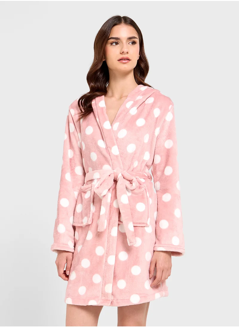 Ginger Fuzzy Hooded Polka Dot Robe