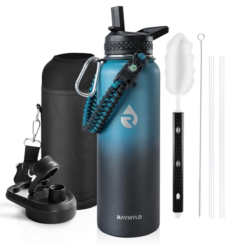 RAYMYLO Insulated Water Bottle 40 oz, Triple Wall Vacuum Stainless Steel (Cold for 48 Hrs), Leak Proof & Non-BPA, Modern Water Flask Jug with Paracord Handle & Straw Spout Lids, Indigo/Black - Image 1