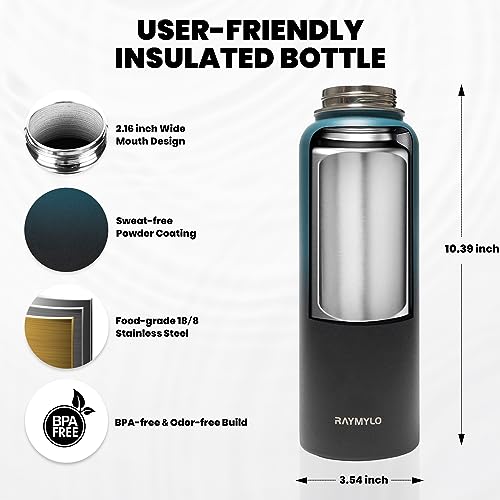 RAYMYLO Insulated Water Bottle 40 oz, Triple Wall Vacuum Stainless Steel (Cold for 48 Hrs), Leak Proof & Non-BPA, Modern Water Flask Jug with Paracord Handle & Straw Spout Lids, Indigo/Black - Image 5