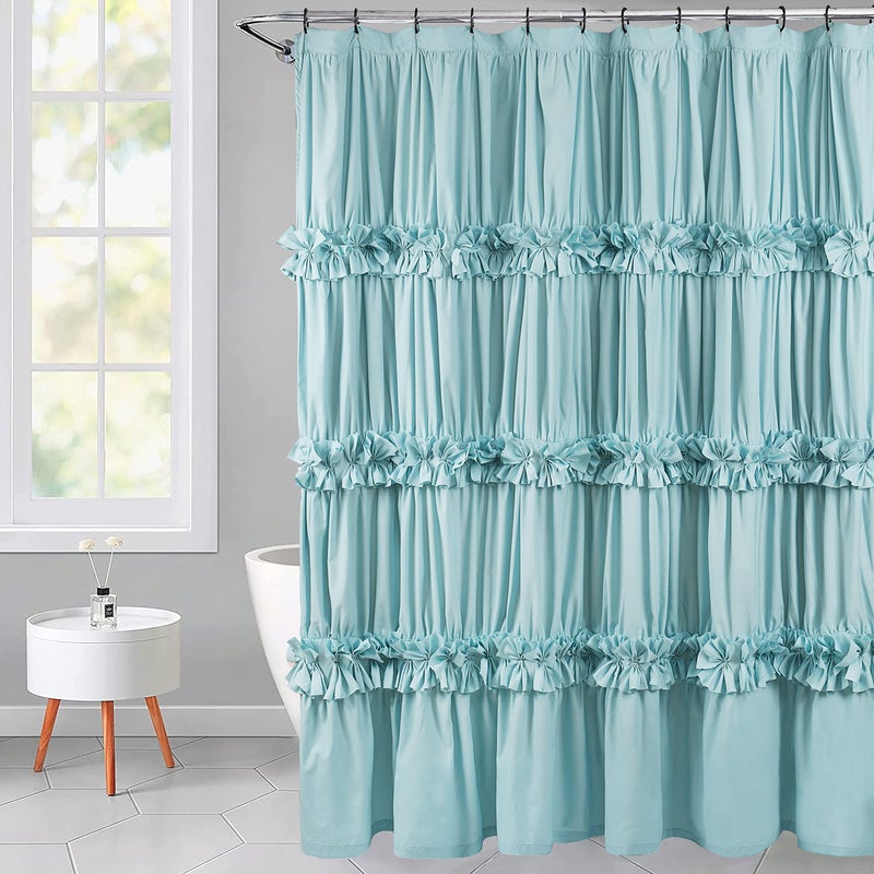 Homechoice Decor Homechoice Decor Spa Blue Ruffle Shower Curtain Vintage Handcrafted Bow Tie Bath Curtain for Master Bathroom Ruched Microfiber Bathroom Curtain with 12 Buttonholes 72 W x 72 H LQ10