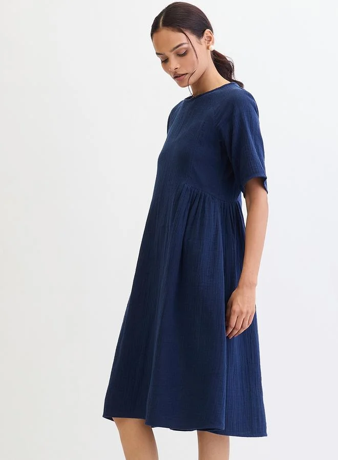 Femmella  Navy Blue Cotton Side Gathers Detail Midi Dress for Women | Best Price UAE