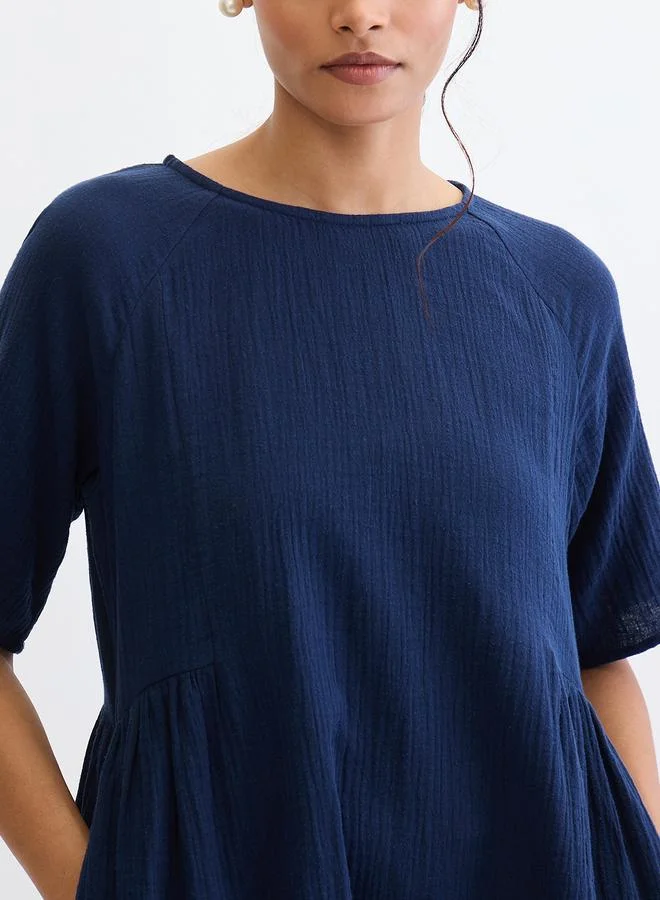 Femmella  Navy Blue Cotton Side Gathers Detail Midi Dress for Women | Best Price UAE