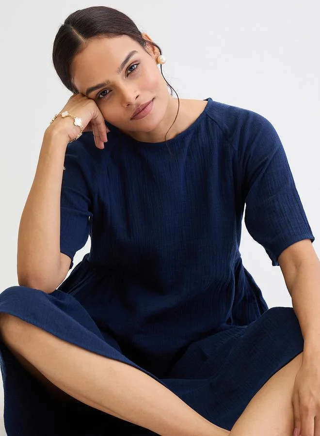 Femmella  Navy Blue Cotton Side Gathers Detail Midi Dress for Women | Best Price UAE