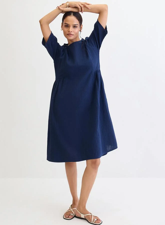 Femmella  Navy Blue Cotton Side Gathers Detail Midi Dress for Women | Best Price UAE