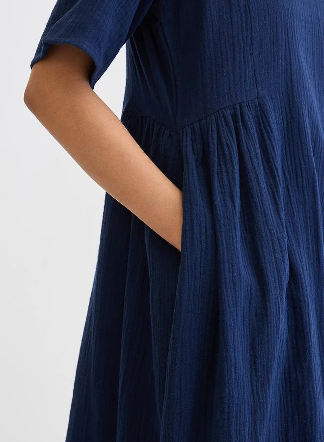 Femmella  Navy Blue Cotton Side Gathers Detail Midi Dress for Women | Best Price UAE