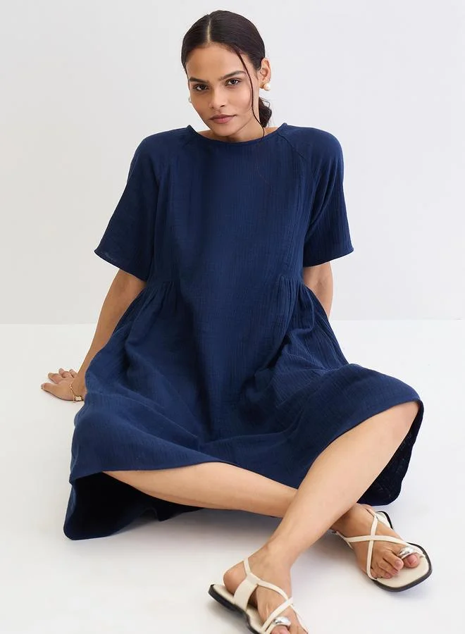 Femmella  Navy Blue Cotton Side Gathers Detail Midi Dress for Women | Best Price UAE