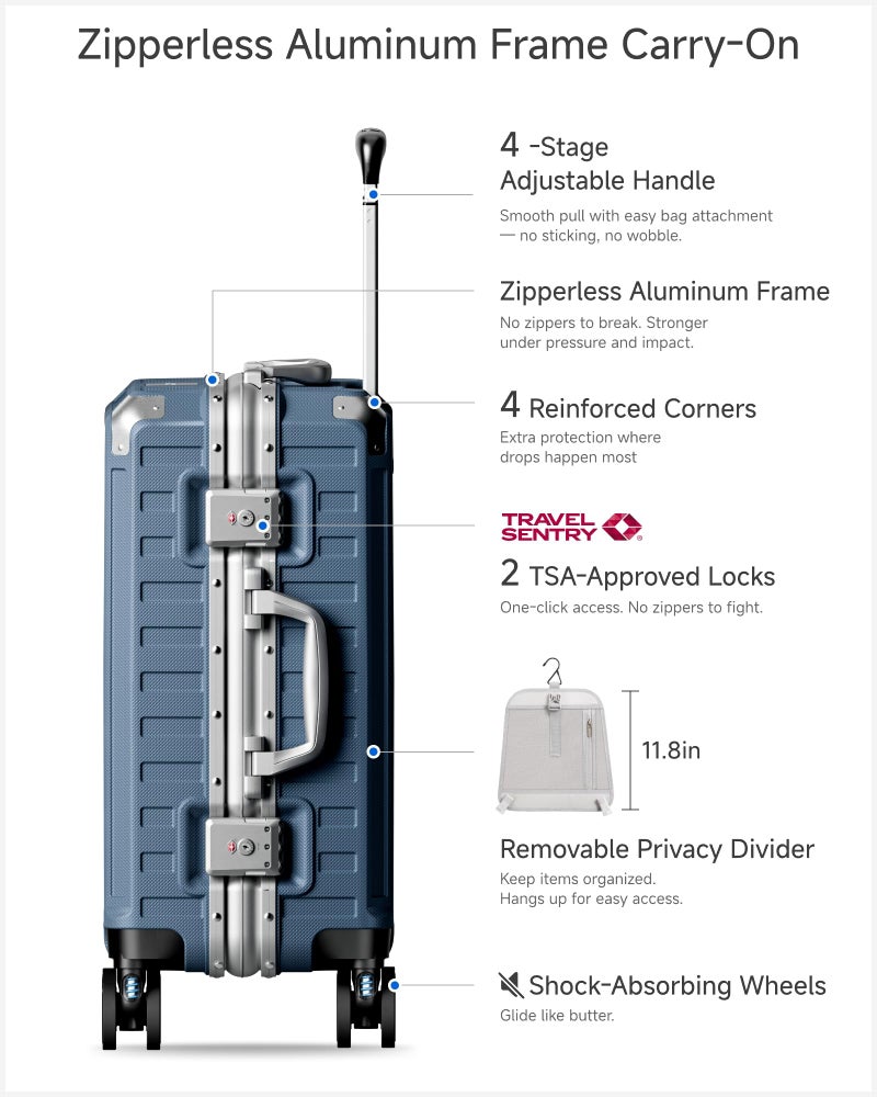 LUGGEX Carry On Luggage with Spinner Wheels, 8010S Aluminum Frame Zipperless Polycarbonate Hard Shell Suitcase (ZX-Core, Blue, 20 Inch) - Image 3