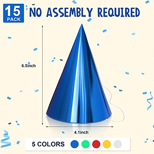 Sumind 15 Pieces Colorful Birthday Party Hats Cone Hats for Adults Metallic Foil Cone Headwear - Image 2