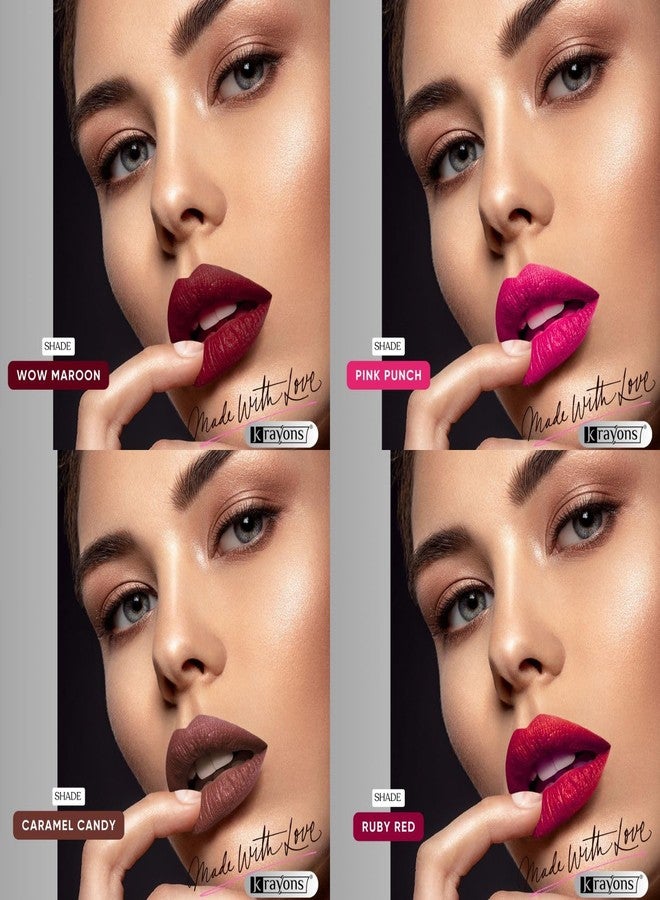 Krayons Velvet Kiss Liquid Matte Lipstick for Women |12hrs stay|Intense Color Payoff |Smudgeproof & Transferproof|Combo Pack| Wow Maroon,Pink Punch,Caramel Candy,Ruby Red,3.5ml each- PACK OF 4 - Image 3