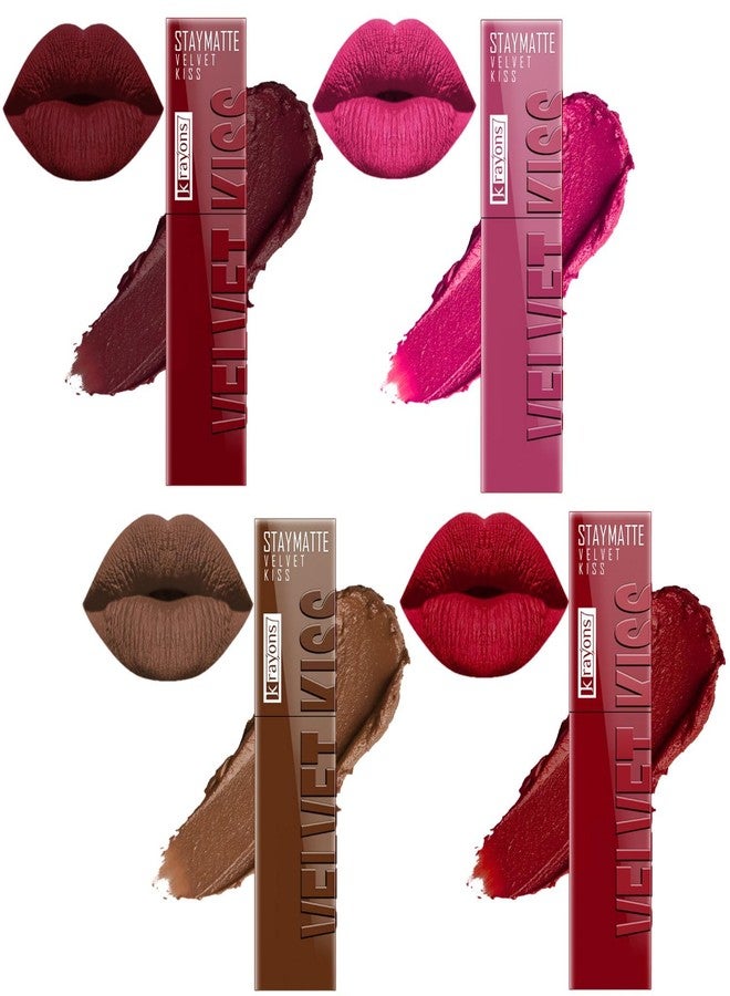 Krayons Velvet Kiss Liquid Matte Lipstick for Women |12hrs stay|Intense Color Payoff |Smudgeproof & Transferproof|Combo Pack| Wow Maroon,Pink Punch,Caramel Candy,Ruby Red,3.5ml each- PACK OF 4 - Image 1