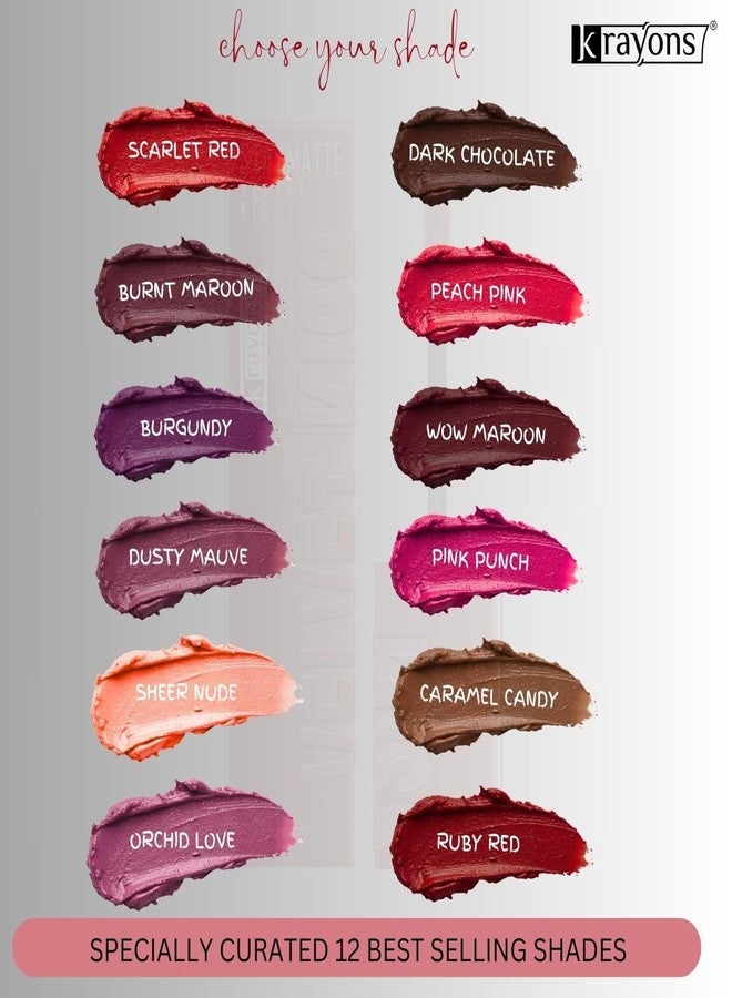 Krayons Velvet Kiss Liquid Matte Lipstick for Women |12hrs stay|Intense Color Payoff |Smudgeproof & Transferproof|Combo Pack| Wow Maroon,Pink Punch,Caramel Candy,Ruby Red,3.5ml each- PACK OF 4 - Image 5