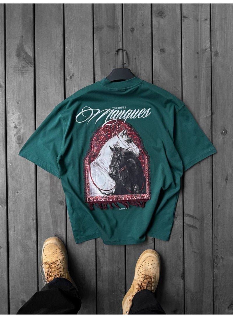 DRO Vintage DRO Vintage Green Oversized Horse Graphic T-Shirt for Men & Women  - Image 1