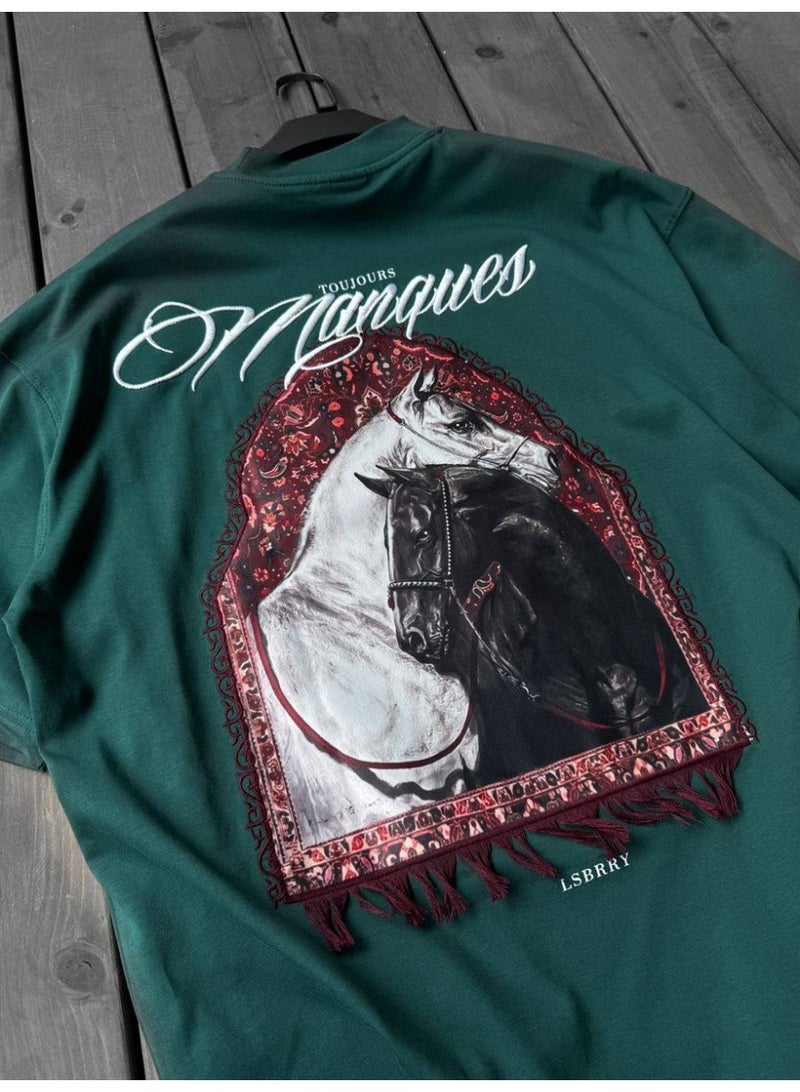 DRO Vintage DRO Vintage Green Oversized Horse Graphic T-Shirt for Men & Women  - Image 2
