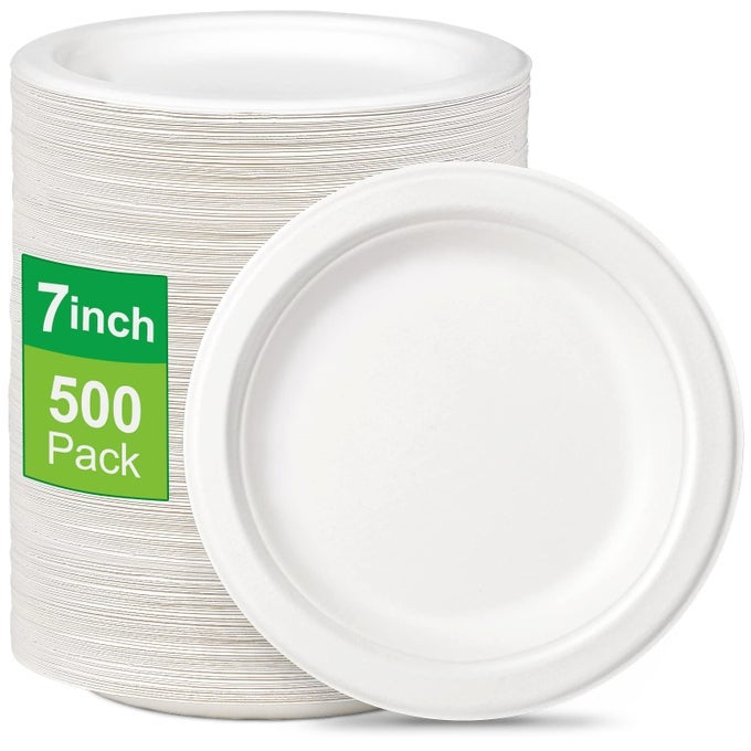 PAPER PLATES BULK 500 PACK 7 INCH SMALL WHITE PLATES 100 COMPOSTABLE ECOFRIENDLY DISPOSABLE FOR DESSERT AND CAKE