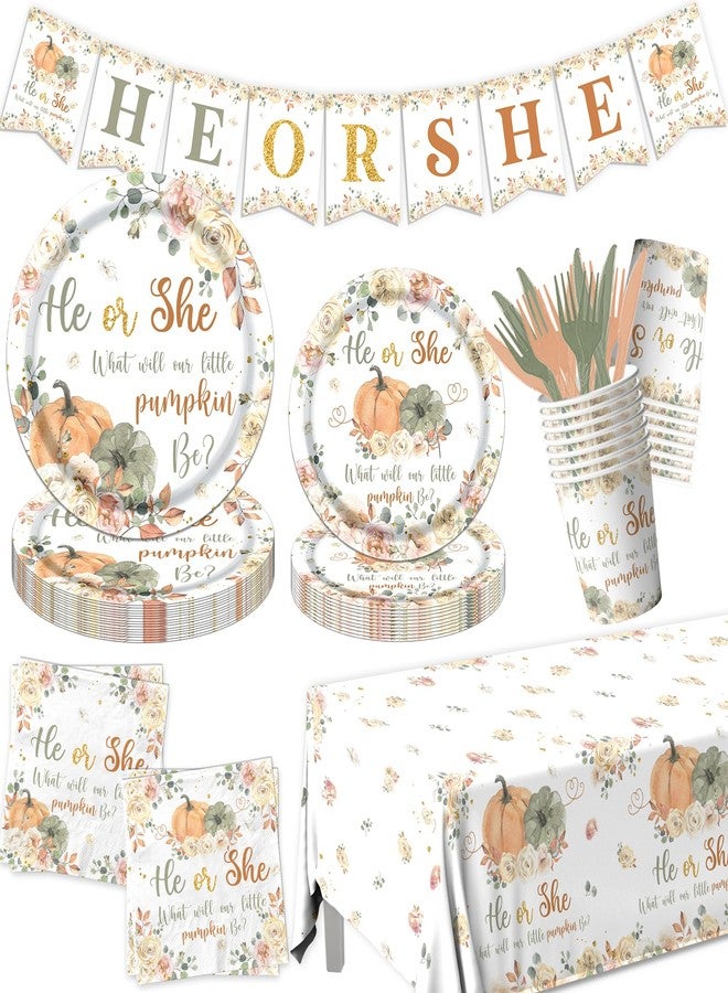 Peghoqu Fall Pumpkin Gender Reveal Tableware,He or She Pumpkin Floral Gender Reveal Party Decorations,What Will Our Little Pumpkin Be Disposable Tablecloth,Plates,Napkins for Autumn Baby Shower Supplies - Image 1