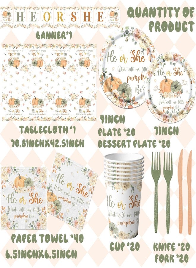 Peghoqu Fall Pumpkin Gender Reveal Tableware,He or She Pumpkin Floral Gender Reveal Party Decorations,What Will Our Little Pumpkin Be Disposable Tablecloth,Plates,Napkins for Autumn Baby Shower Supplies - Image 3
