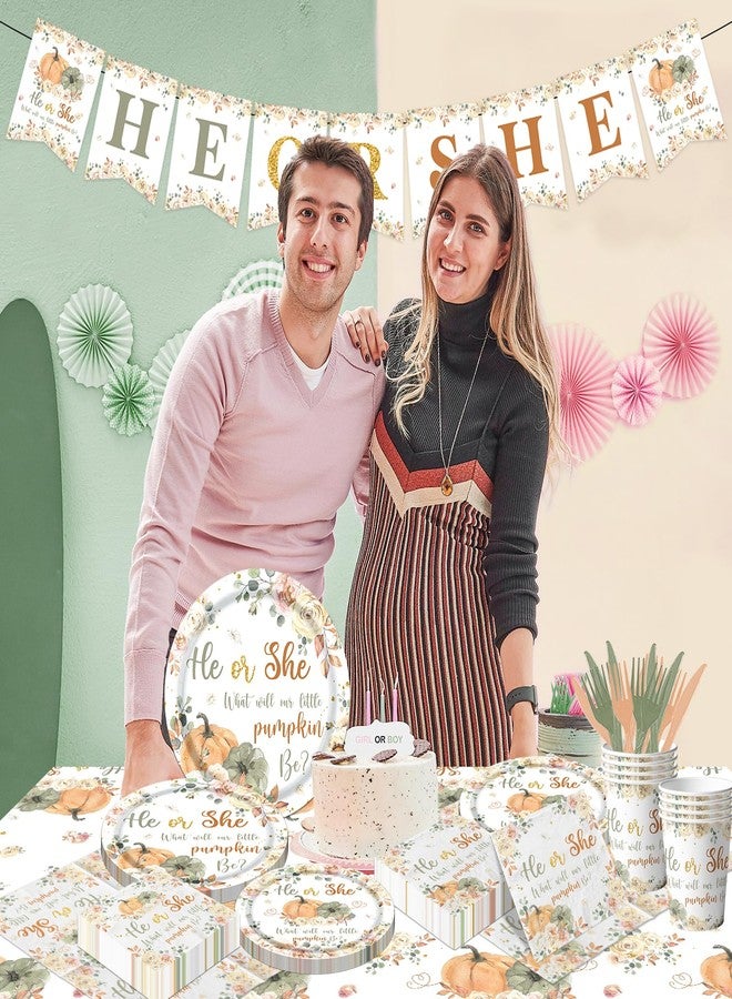 Peghoqu Fall Pumpkin Gender Reveal Tableware,He or She Pumpkin Floral Gender Reveal Party Decorations,What Will Our Little Pumpkin Be Disposable Tablecloth,Plates,Napkins for Autumn Baby Shower Supplies - Image 2