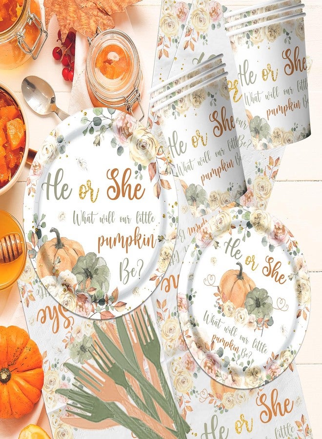 Peghoqu Fall Pumpkin Gender Reveal Tableware,He or She Pumpkin Floral Gender Reveal Party Decorations,What Will Our Little Pumpkin Be Disposable Tablecloth,Plates,Napkins for Autumn Baby Shower Supplies - Image 4