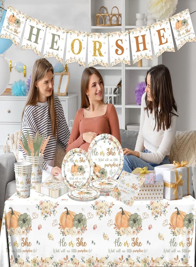 Peghoqu Fall Pumpkin Gender Reveal Tableware,He or She Pumpkin Floral Gender Reveal Party Decorations,What Will Our Little Pumpkin Be Disposable Tablecloth,Plates,Napkins for Autumn Baby Shower Supplies - Image 5