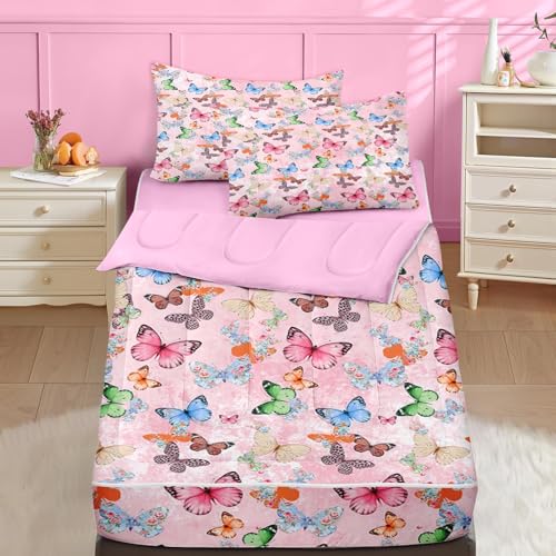 Nesker Zipper Bedding Full Colorful Butterfly Zip Up Bedding Set for Girls and Kids, Cute Butterflies 3 Pcs Comforter Bed in a Bag with Fitted Sheet and 2 Pcs Pillowcases - Image 1