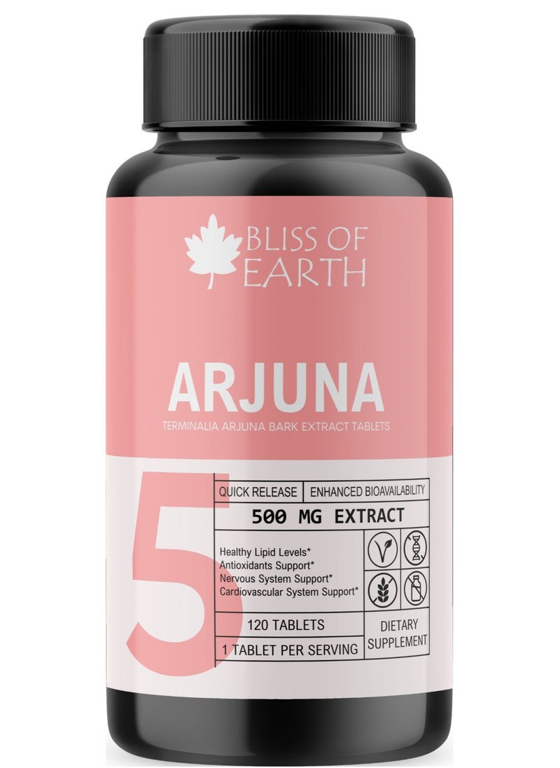 BLISS OF EARTH Arjuna Bark Extract Tablets 500mg for Heart Health Natural Cardiovascular Support Supplement 120 Tablets  - Image 1