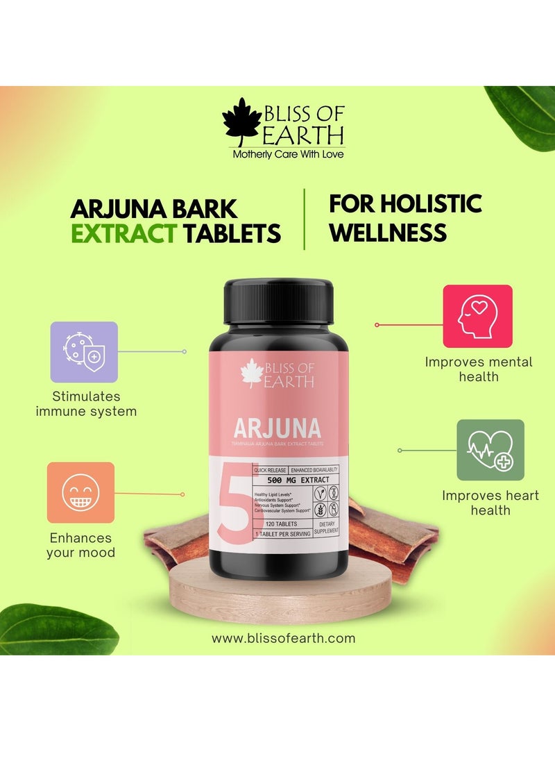 BLISS OF EARTH Arjuna Bark Extract Tablets 500mg for Heart Health Natural Cardiovascular Support Supplement 120 Tablets  - Image 2